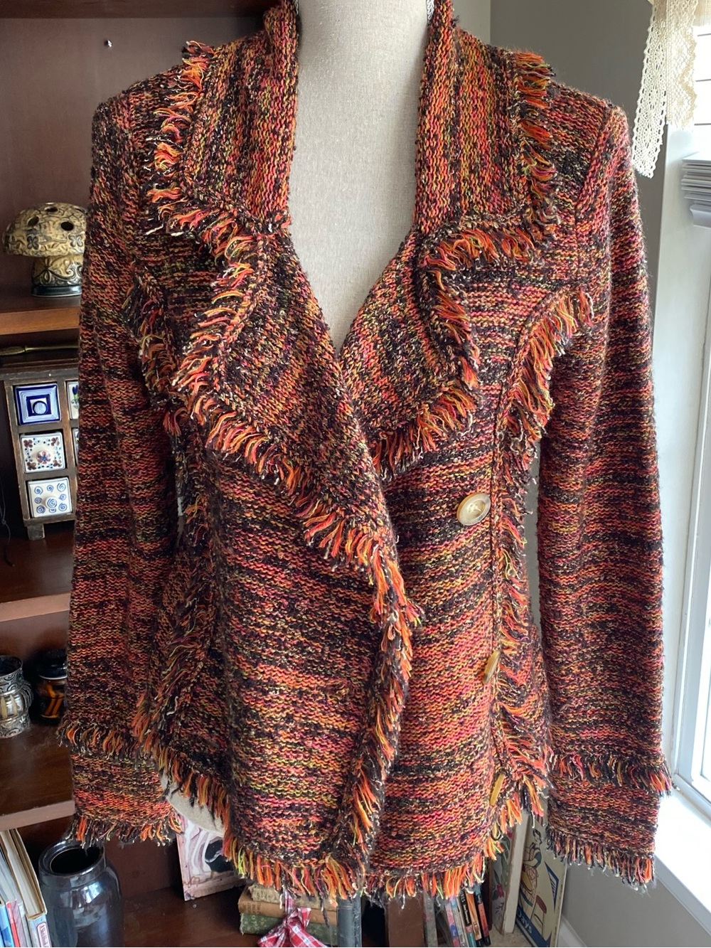 One Girl Who Multicolor Orange Brown Fringed Open-Front Cardigan Woman’s Medium